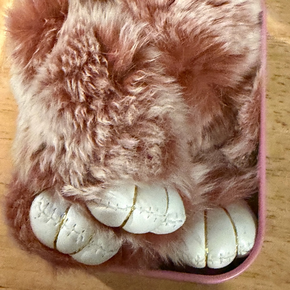 Plush Pink Furry Stuffed Animal with White Paw Details sure red brig bunnylulu
